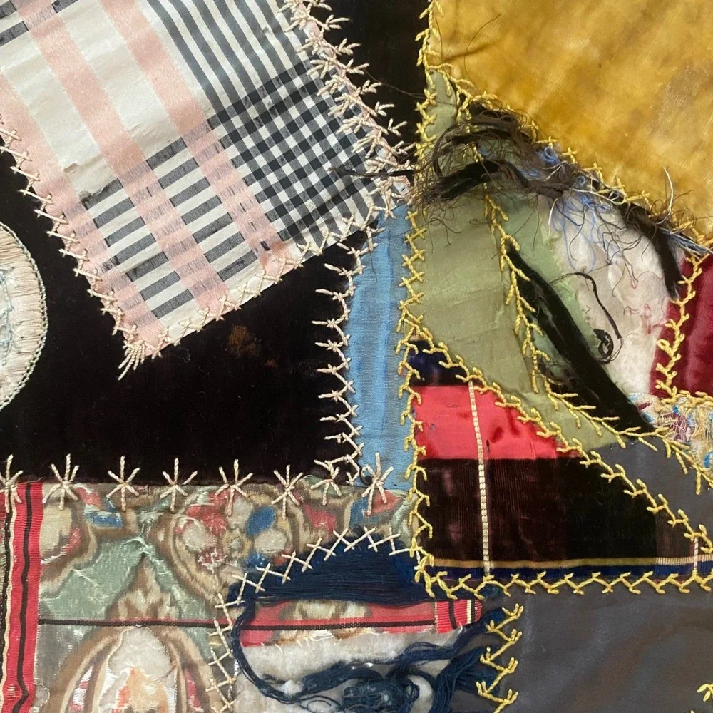 Antique Victorian Crazy Quilt Hand Embroidered Silk Velvet Patchwork Red Damaged